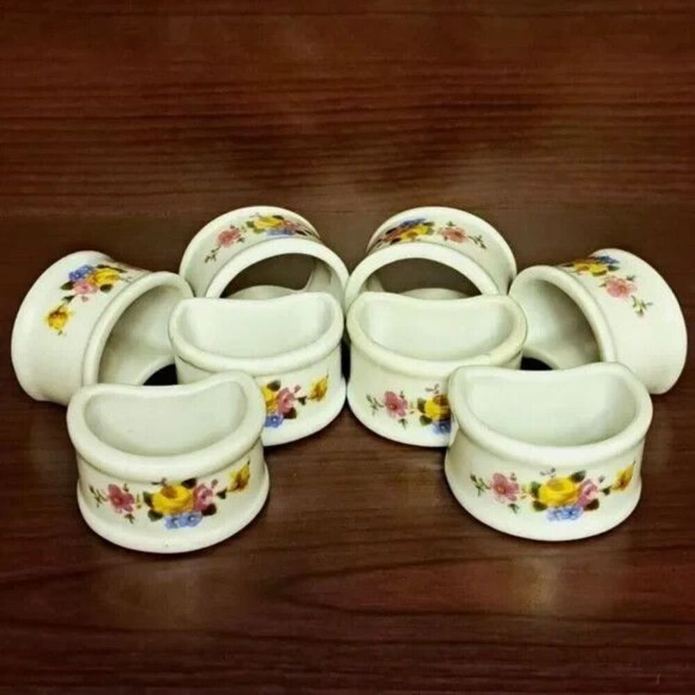 Vintage Porcelain White Ceramic Floral Napkin Ring Set Of 8
